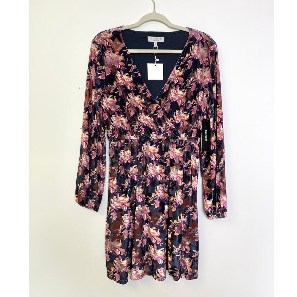 NWT Floral Velvet Dress Size M Sheer Accent Faux Wrap Romantic Feminine Party